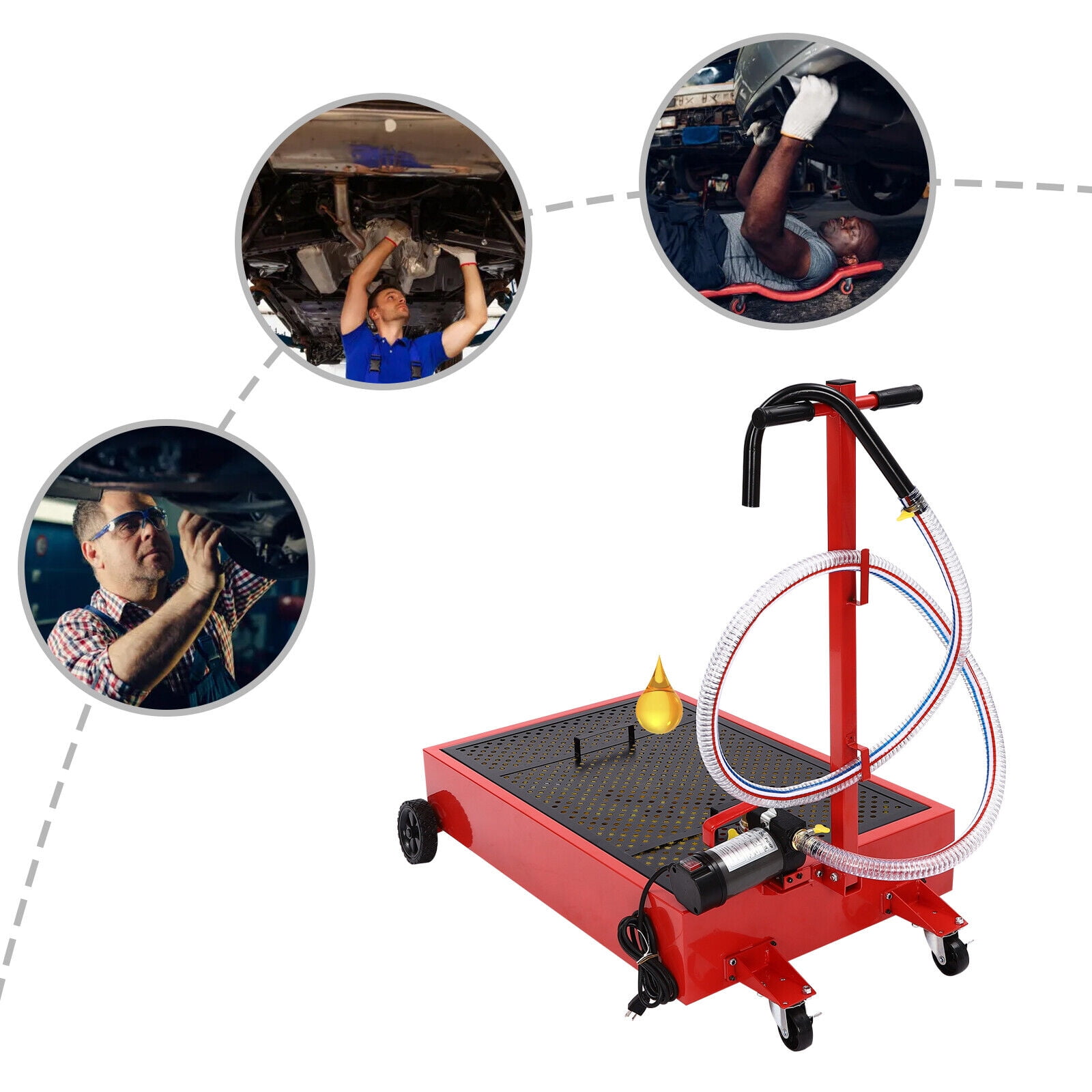 20Gal Low Profile Oil Drain Pan 20 Gallon Oil Drain Pan with 120W Electric Pump 8ft (Red, Black)