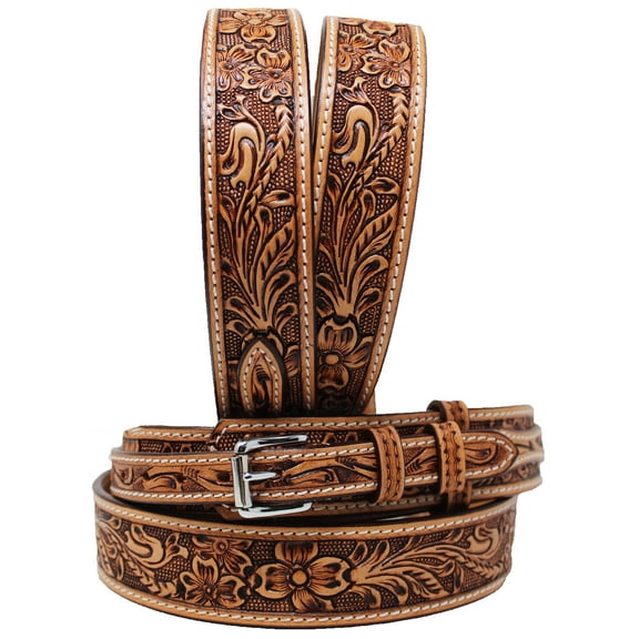 34  Western Floral Tooled Ranger Full-Grain Brown Leather Belt 26RS05R