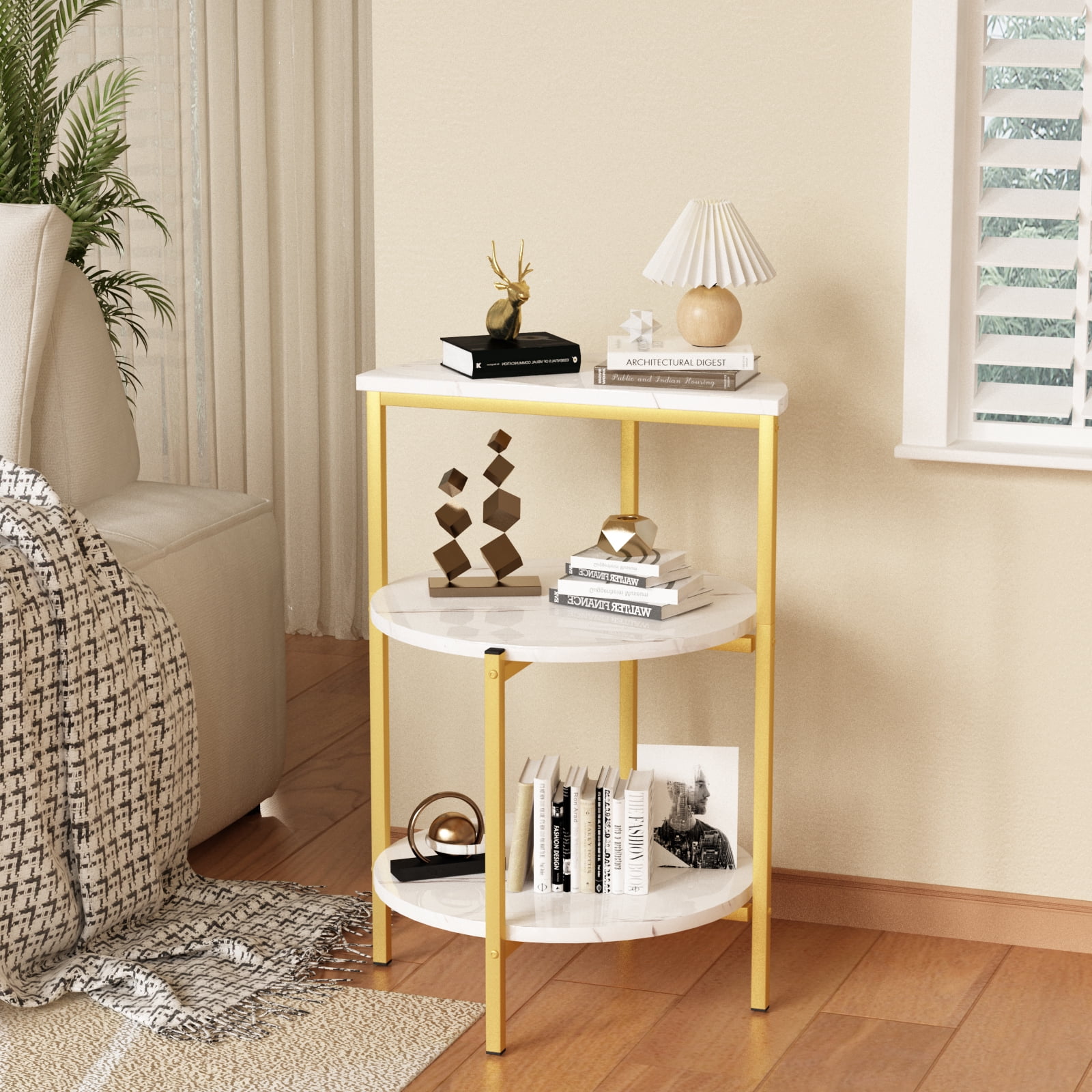 Baxluxe Round End Table with Storage Shelves,3 Legged Faux Marble Small Gold Side Table, Metal Frame Accent Coffee Table Nightstand, 3-Tier Storage Living Room Table for Small Space, White+Gold