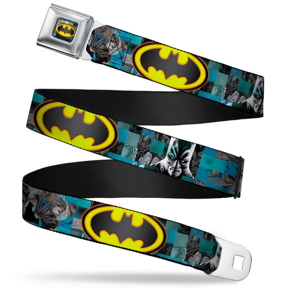 DC Comics Belt, Seatbelt Buckle Belt, Batman Poses Bat Signal Checker Blues Grays Yellow Black, 34 to 52 Inches
