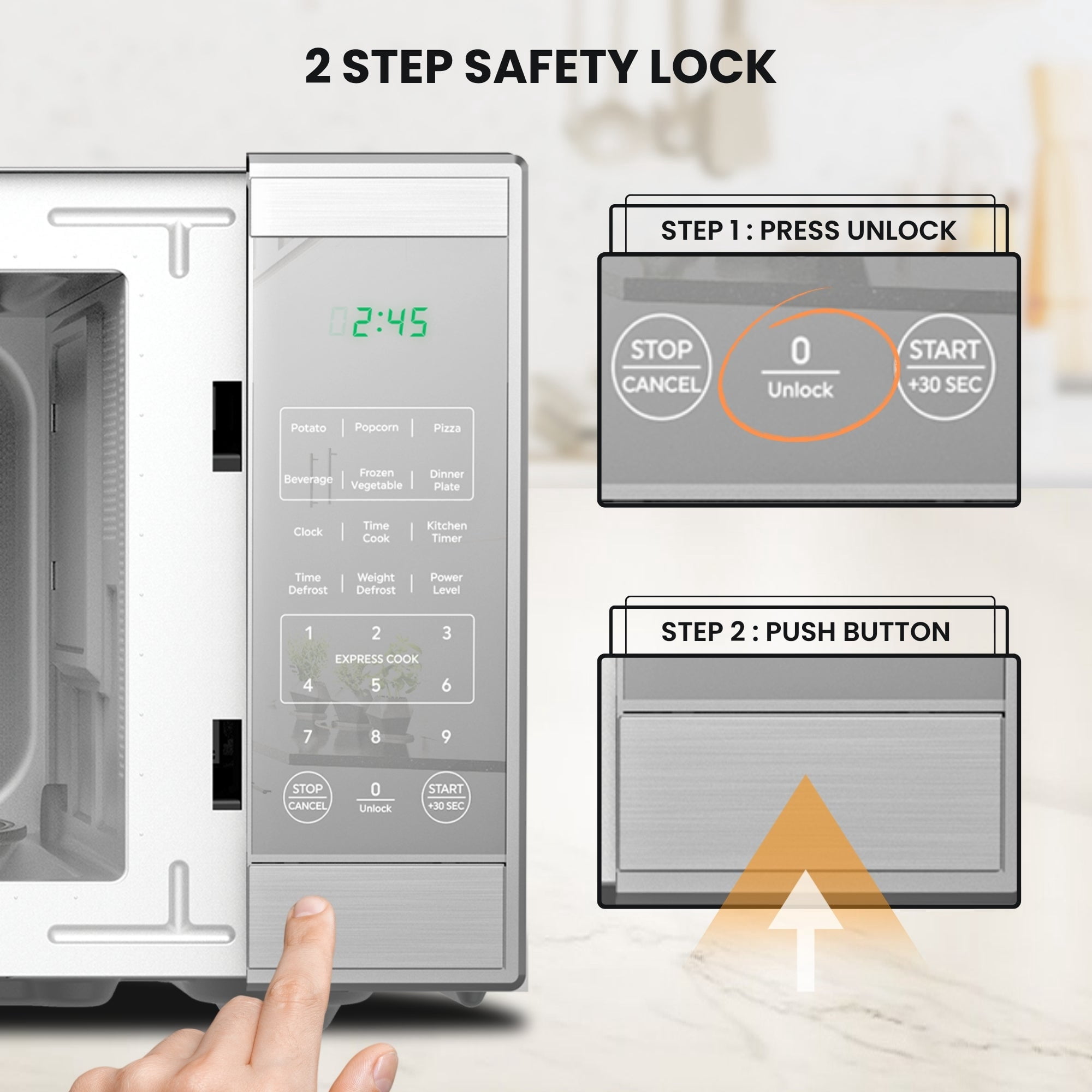 Total Chef Compact Countertop Microwave Oven, 1.3 Cu Ft. 1100W, 10 Power Levels, 6 Auto Cook Pre-Sets, Express Cook, Digital Touchscreen Controls, Child Lock, Timer, Mirrored Finish, Stainless Steel
