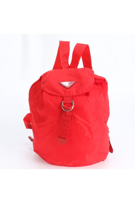 Pre-Owned Prada Tessuto Nylon Triangle Logo Red Leather Backpack Shoulder Bag for Women