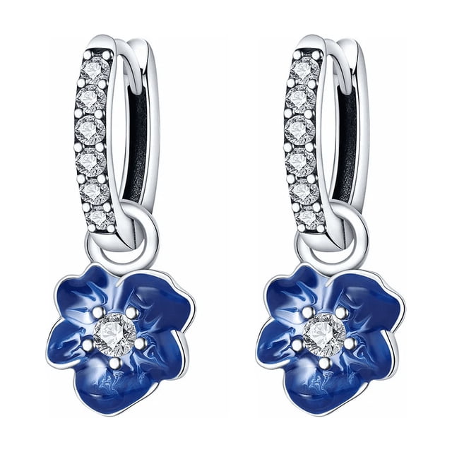 "Pendientes De Plata S925 Forma De Aro, Flor Azul De Aretes "Belug