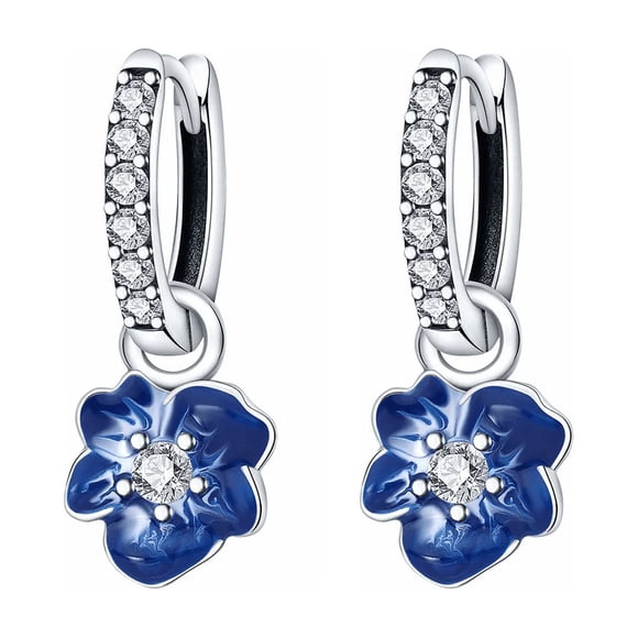 "Pendientes De Plata S925 Forma De Aro, Flor Azul De Aretes "Belug