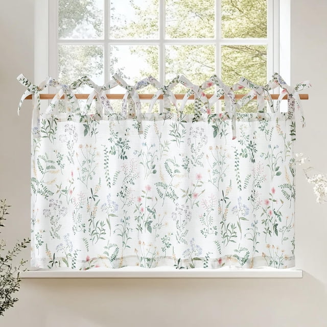 Cortina Jinchan Cocina de Lino para Ventana Pequeña 61x24 cm Floral Verde