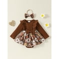thumbnail image 3 of Elippeo Baby Girl Fall Outfit 3 6 12 18 24 Months Flower Print Ruffle Trim Long Sleeve Romper Dress Bow Headband 2 Piece Set, 3 of 10