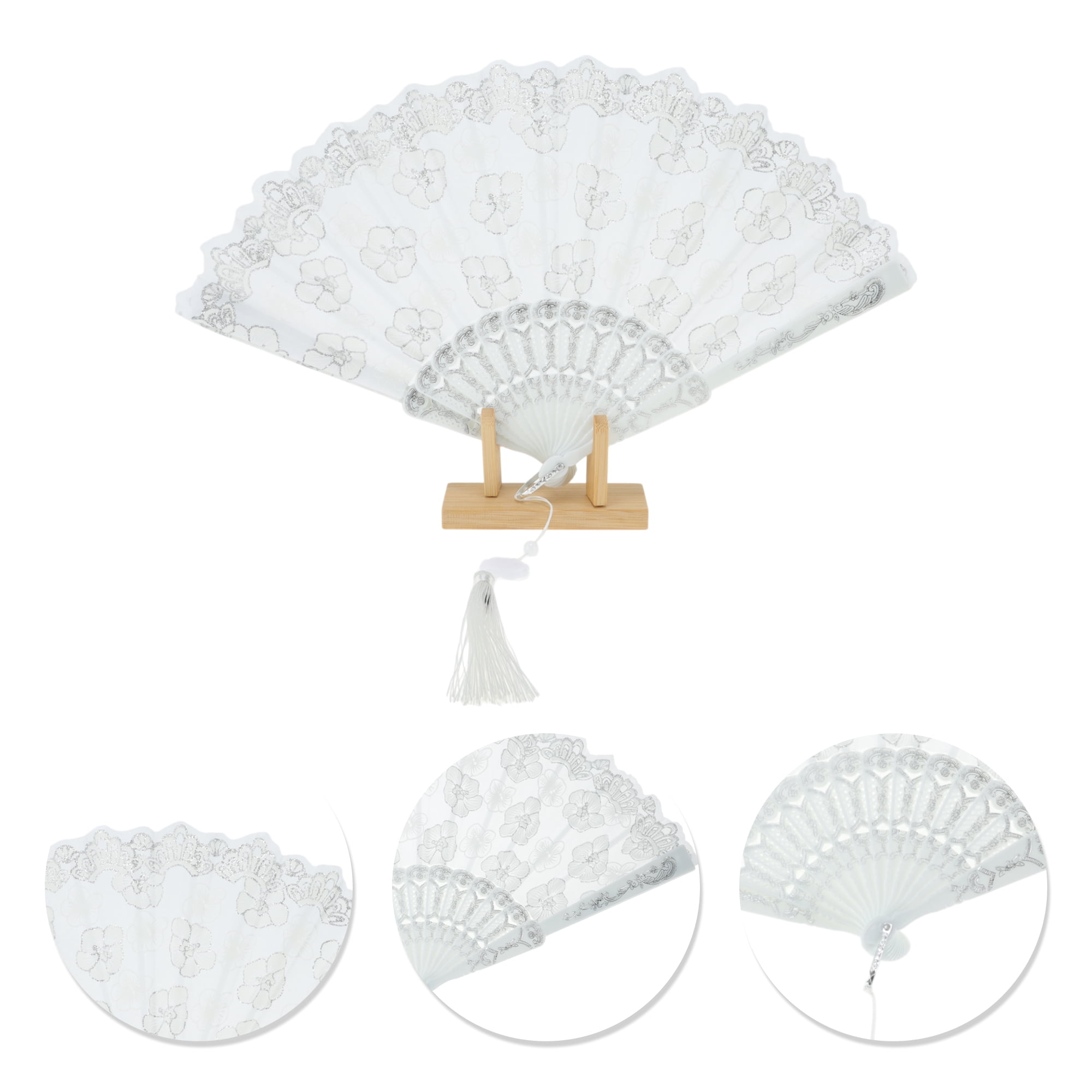 Unique Bargains Elegant Cherry Blossom With Tassel Folding Fan 1 Pc Silver Tone