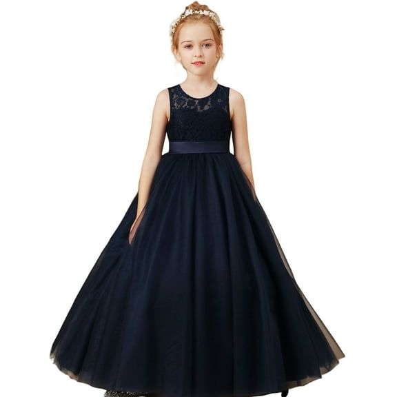 Floor length Flower Girl Dress Scoop Neck Tulle Lace Princess Pageant Dress Birthday Party Dress for Girls Elegant Floral Design Special Occasion ( 2 -3Years）
