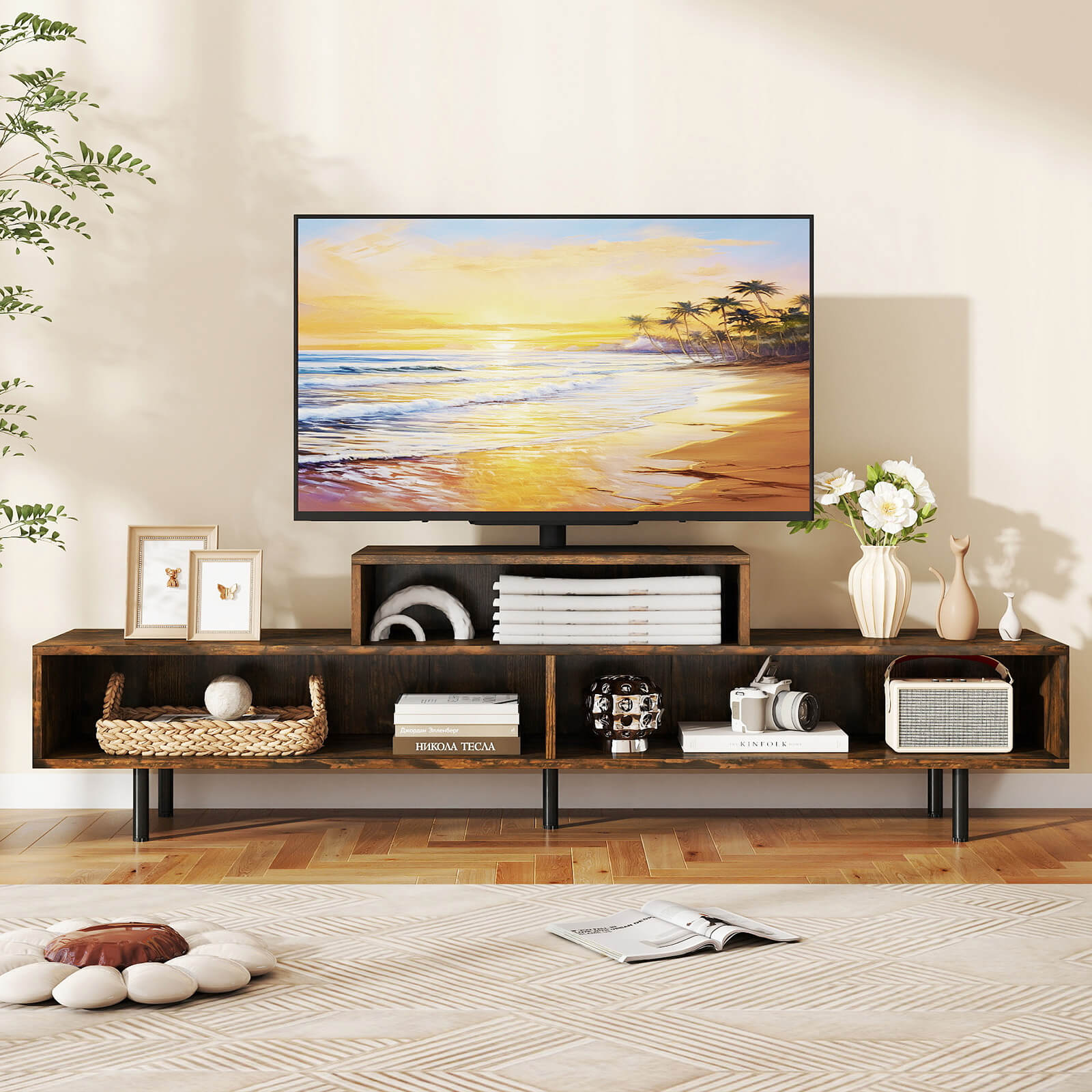 Costway TV Stand, 63” Long Entertainment Center with Open Storage Shelves for TVs up to 70” Rustic Brown