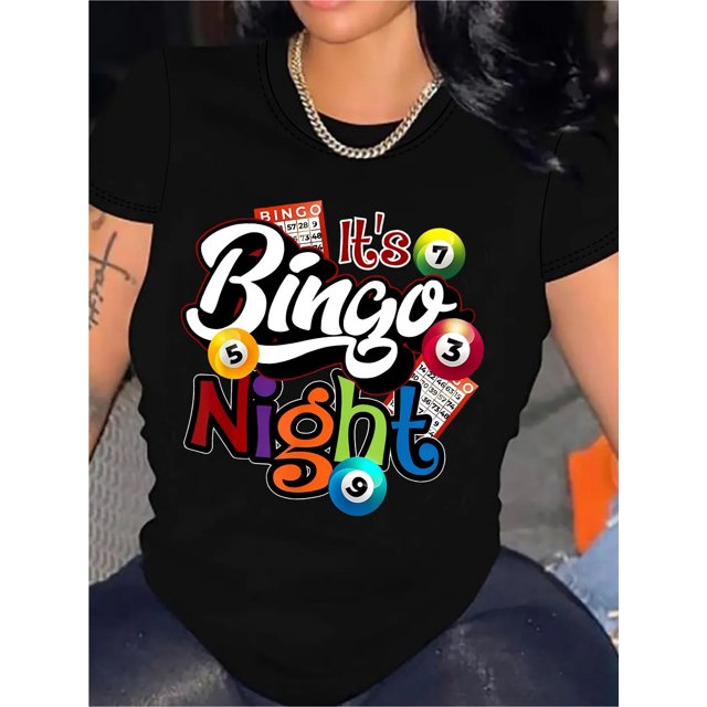 1pc Women's Bingo Night Graphic Tee, Casual Round Neck Short Sleeve T-Shirt, Cotton Knit Fabric, Geometric Pattern, Regular Length for All Seasons