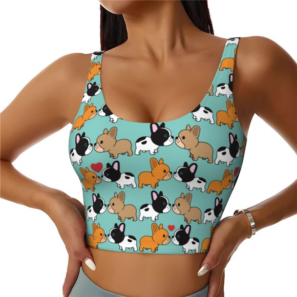 Saiise Cute French Bulldog Print Sports Bras for Women,Racerback Running Bra Workout Crop Tank Tops Longline Sports Bra Push up-XX-Large