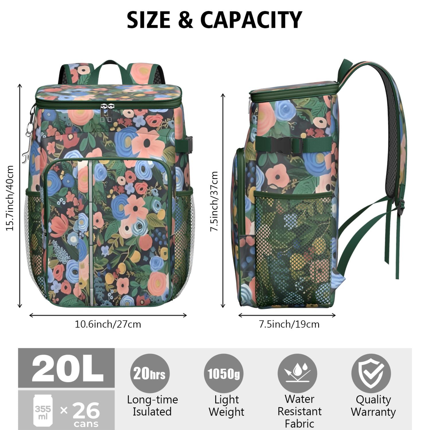 Travel Cooler Bag - Pioneer Flower Floral Print Pattern Camping Beer Cooler Backpack with Bottle Opener- Waterproof Insulated Picnic Backpacks - Cooler Bag for Beach