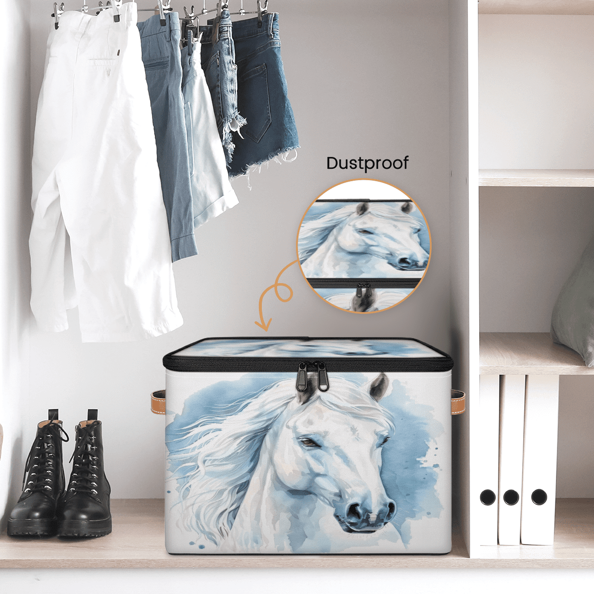 CURLYOOT Horse Fabric Storage Bins with Lids, Horse Animal Foldable Storage Boxes Washable Storage Cube, Closet Bedroom Home Organizer Containers with PU Leather Handles