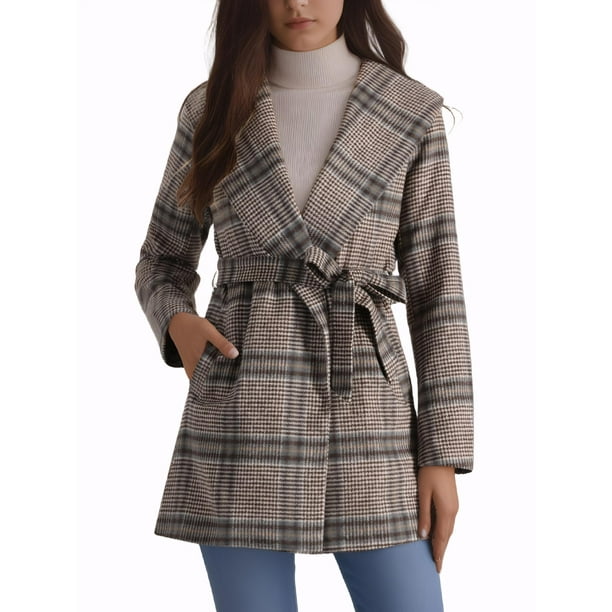 Abrigo de invierno con cinturón y cuello de chal de cuadros para mujer Inspire Chic M Houndstooth caqui