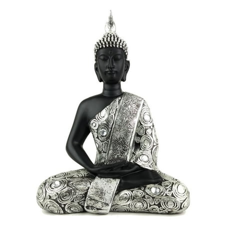 - 11 Inch Thai Buddha Black And Silver Jeweled Statue