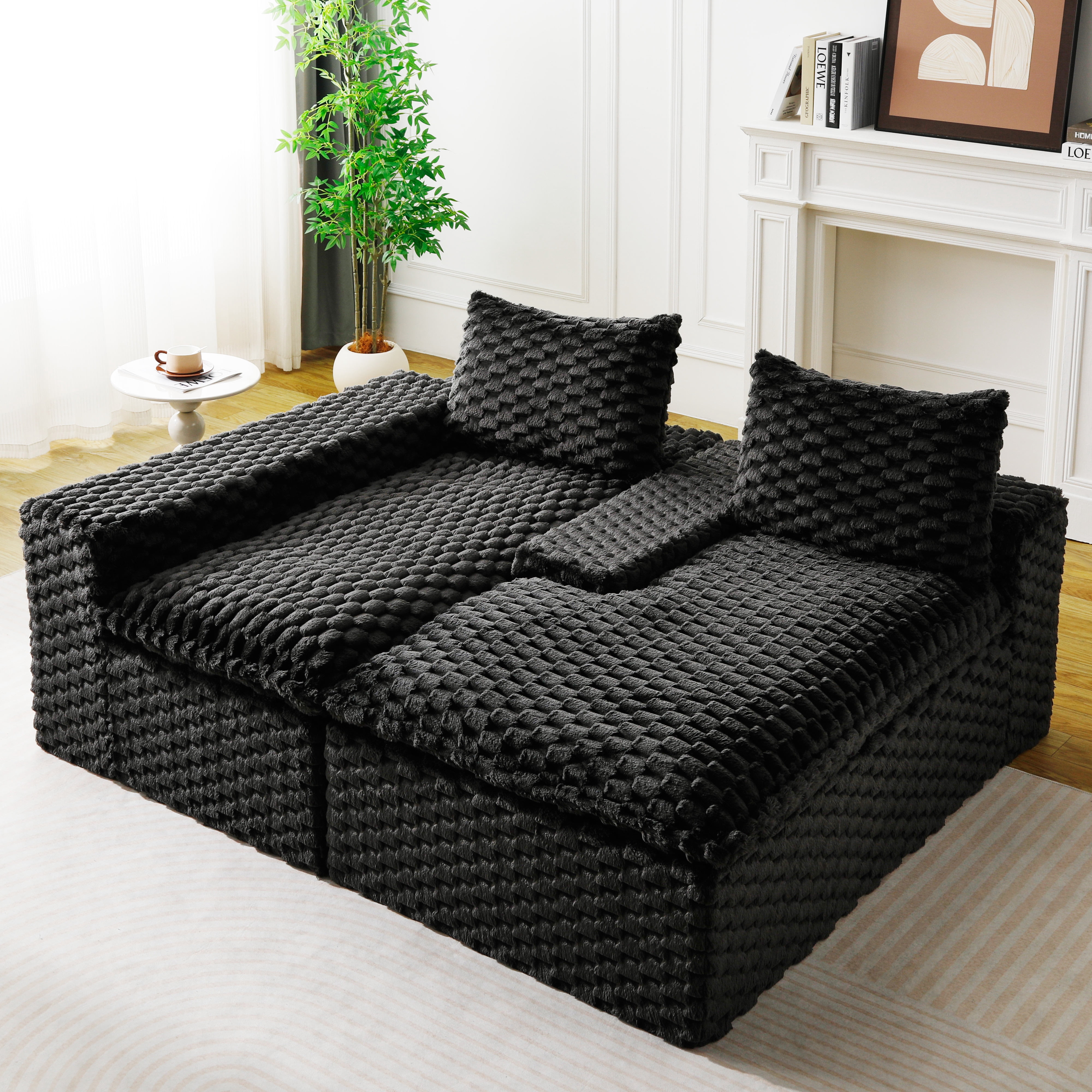 HOQBN 96"W Modular Sectional Sofa,L Shape Modern Corduroy Cloud Couch,Upholstered Deep Seat Boneless Sofa Couch with Left Chaise Lounge for Living Rooms,No Assembly Required,Black