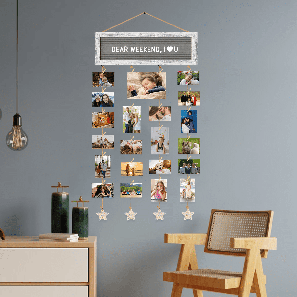 Picture Frames Collage Wall Decor , Rustic Felt Letter Board with 340 Letters and 30 Clips, Unique DIY Multi Photo Frame for Dorm Room Decor Family Birthday Gifts