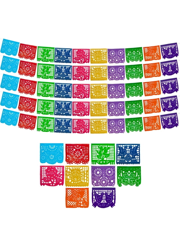 Mexican Party Banners (5 Pack with 10 Unique Plastic Flag Designs per Banner) - Papel Picado Mexicano