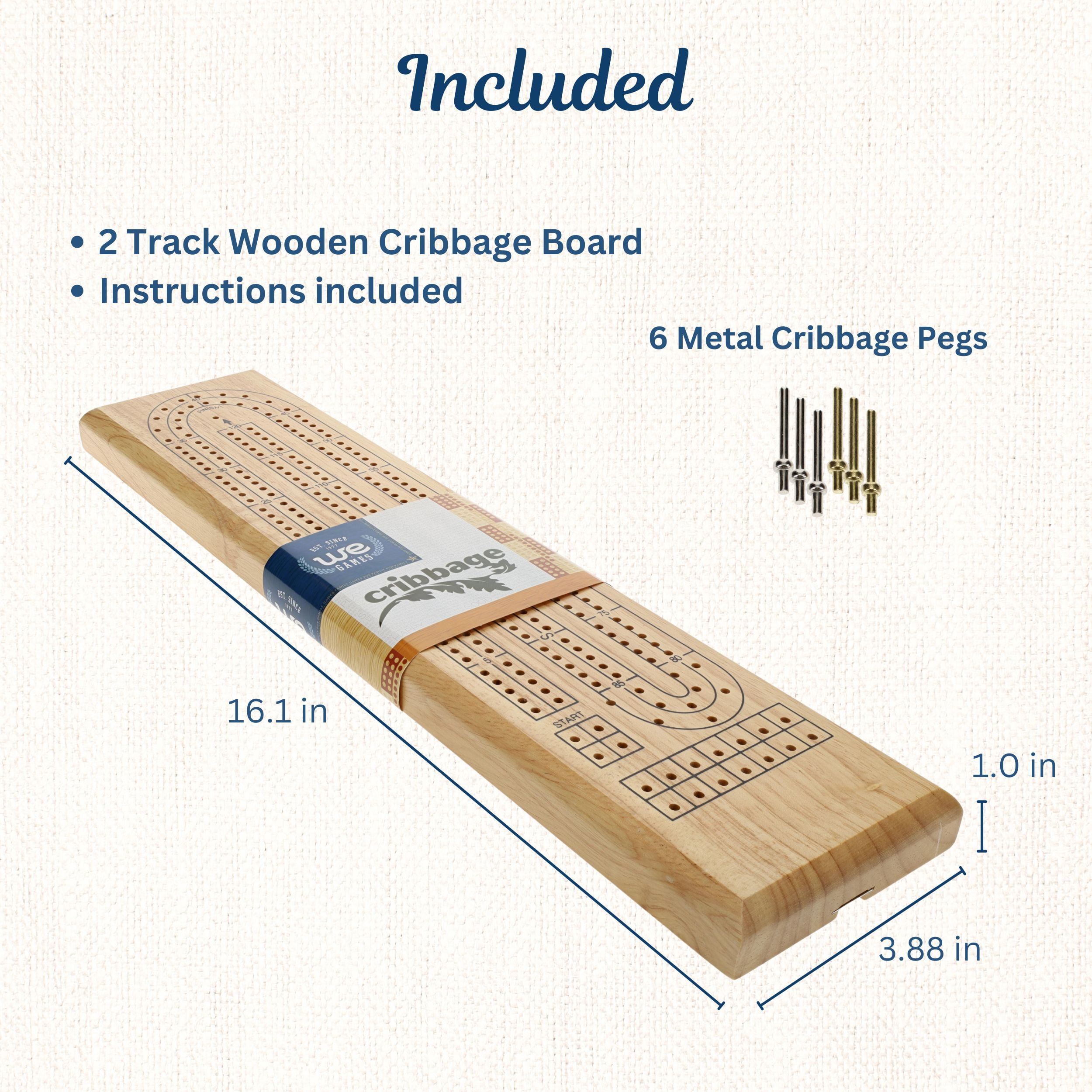 WE Games Classic Cribbage Set - Solid Wood 2 Track Board - Metal Pegs