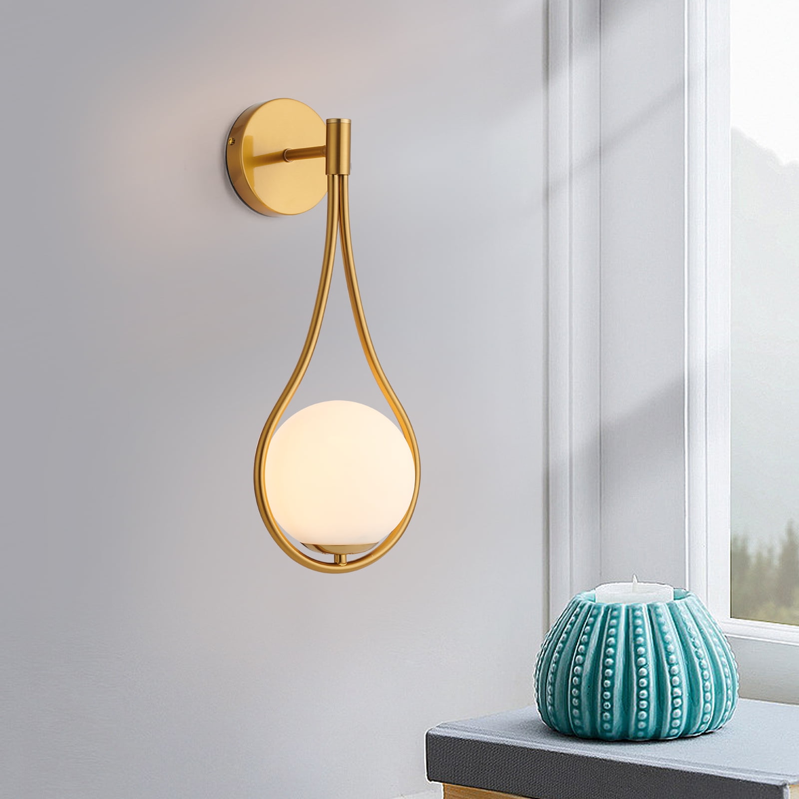 ECD Lighting Luxury Gold Vanity Lights Modern Wall Sconce Light Fixture - White Glass Shade Wall Lamp for Home Decor, Room Decor, Hallway, Bathroom