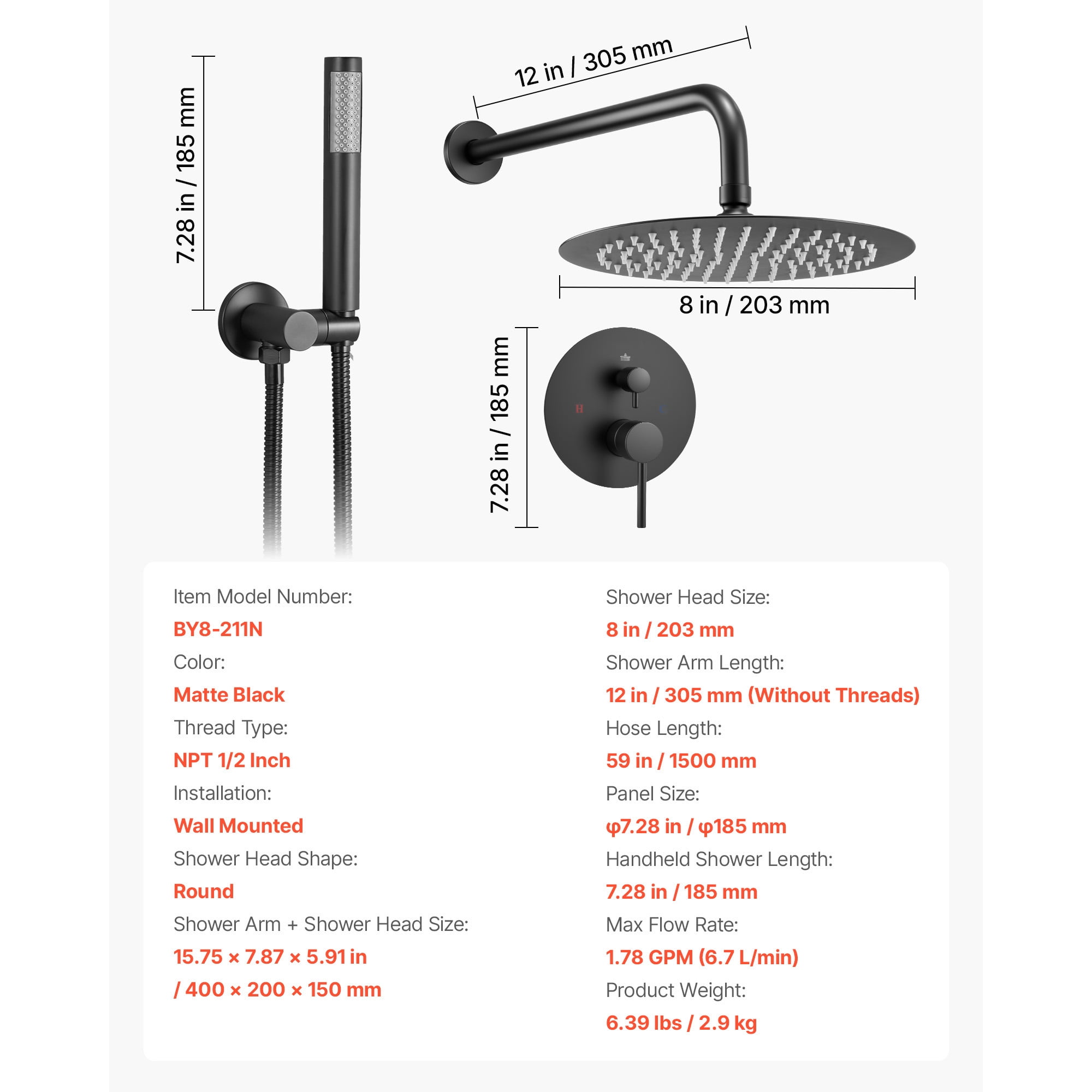 KFFKFF Shower Faucet Set, Wall-Mounted Bathroom System with 8-Inch Round Rain Shower Head and Handheld Spray, Includes Brass Valve and Trim Kit, Matte Black Finish