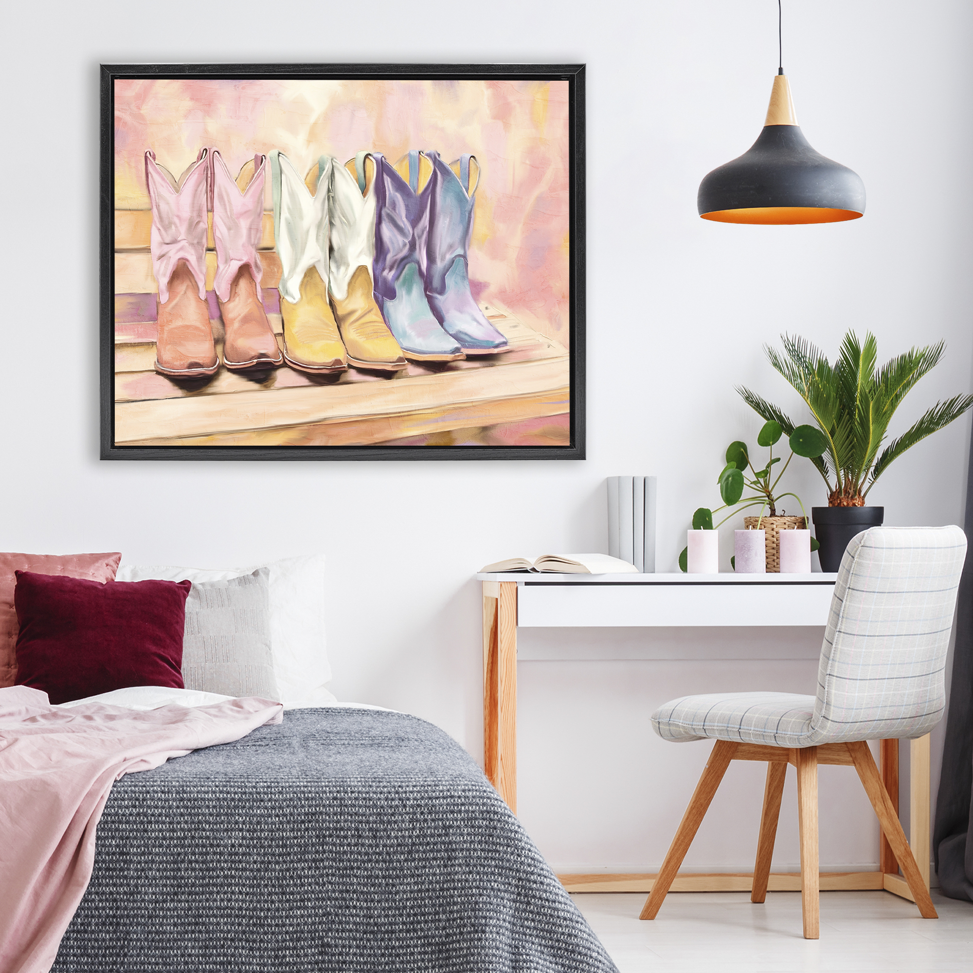 Painted Boots Trio Black Framed Floater Canvas Wall Art, design by Kim Allen