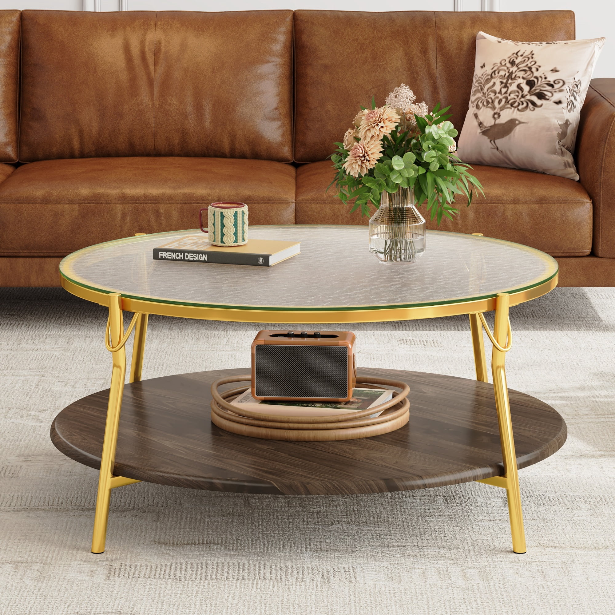 TesNus Modern Round 2-Tier Coffee Table with Glass Top, 29.9" Walnut Accent Table with Gold Metal Base for Living Room