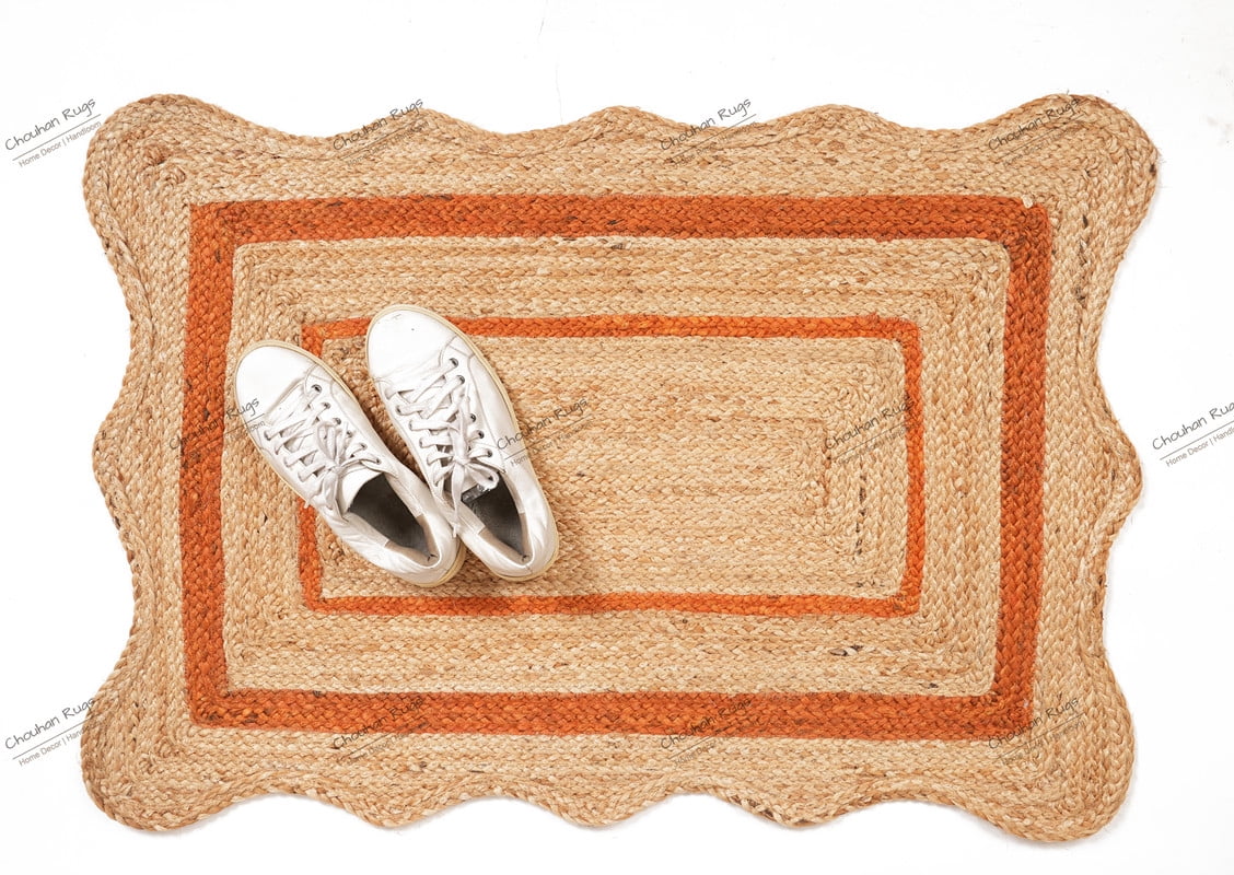 Natural Jute Hand Braided Area Rug Orange Scalloped Pattern Rectangle Rug