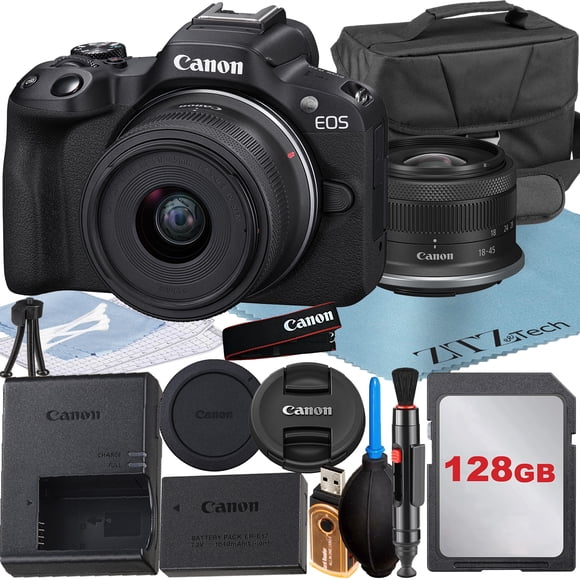 Canon EOS R50 Mirrorless Camera with RF-S 18-45mm Lens + 128GB Memory Card + Case + ZeeTech Accessory Bundle