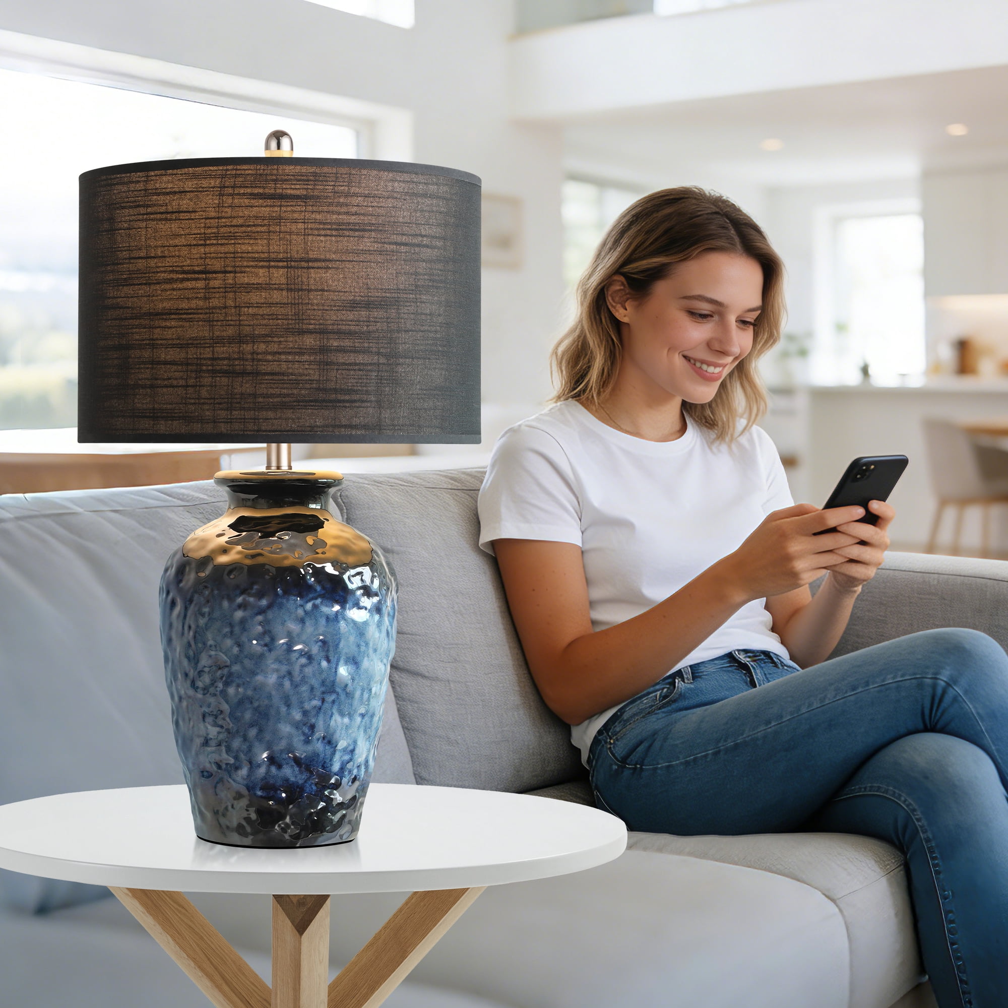 26in Farmhouse Ceramic Table Lamp, Rustic Navy Blue Bedside Lamp with Black Linen Shade for Bedroom Living Room Office Nightstand