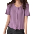 thumbnail image 4 of Camisa de mujer con botones, suéter de punto fino, camiseta informal de manga corta suave, morado Speravity AP001278-04B, 4 of 7