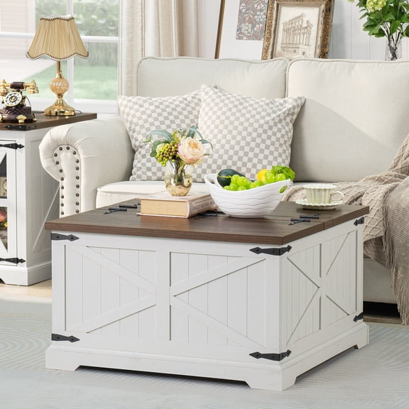 31.5" Large Farmhouse Lift Top Coffee Table, Square Wood Living Room Table with Large Hidden Storage, Multi-Function Lift Wooden Barn Door Center Table, Rustic White