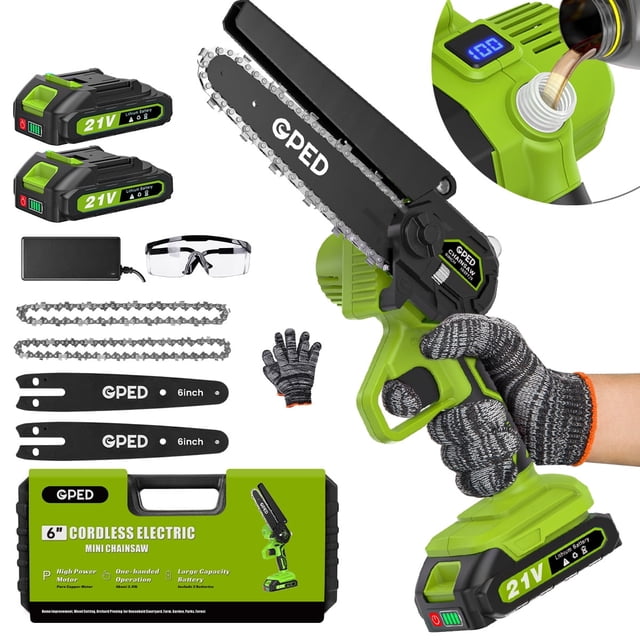 GPED Mini Motosierra Inalámbrica de 6 Pulgadas con 2 Baterías, Mini Motosierra Eléctrica con Bloqueo de Seguridad, Motosierra Eléctrica, Motosierra Pequeña de Mano para Recortar Árboles y Cortar Made