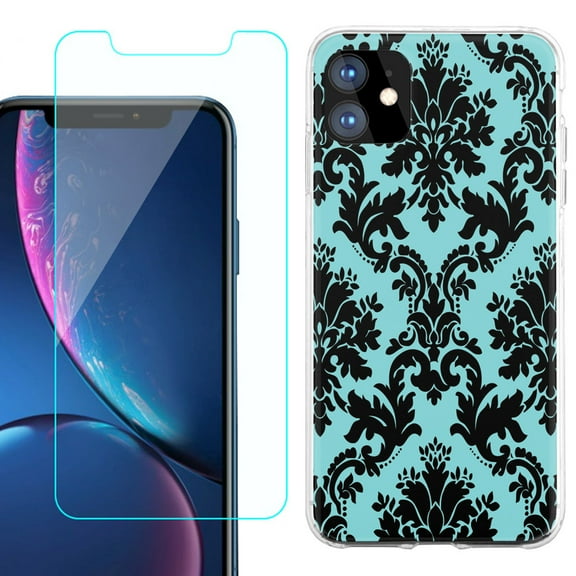 For Apple iPhone 11 Case , Slim-Fit TPU Protective Phone Case with Tempered Glass Screen Protector, by OneToughShield ® - Victorian Blue/Black