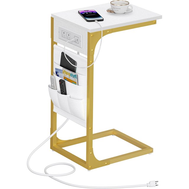 Table d'Appoint en Forme de C avec Station de Charge Table d'Appoint pour Canapé Table avec Sac de Rangement Ensemble de Plateau TV avec Ports USB et Prises pour Salon Chambre Gris