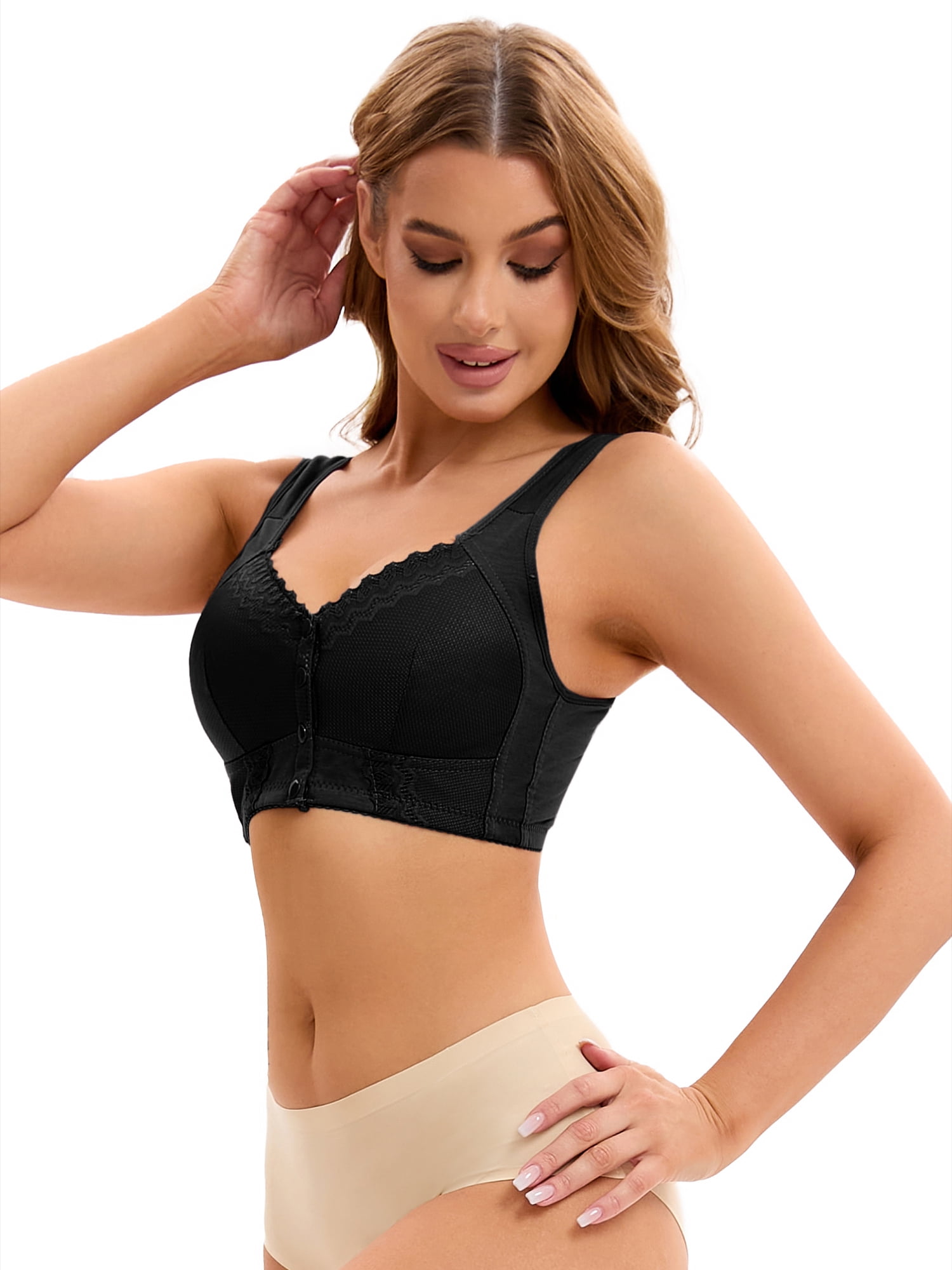 DARING DIVA Women's Full Coverage Lace Front Closure Vest Sports Bras Black S
