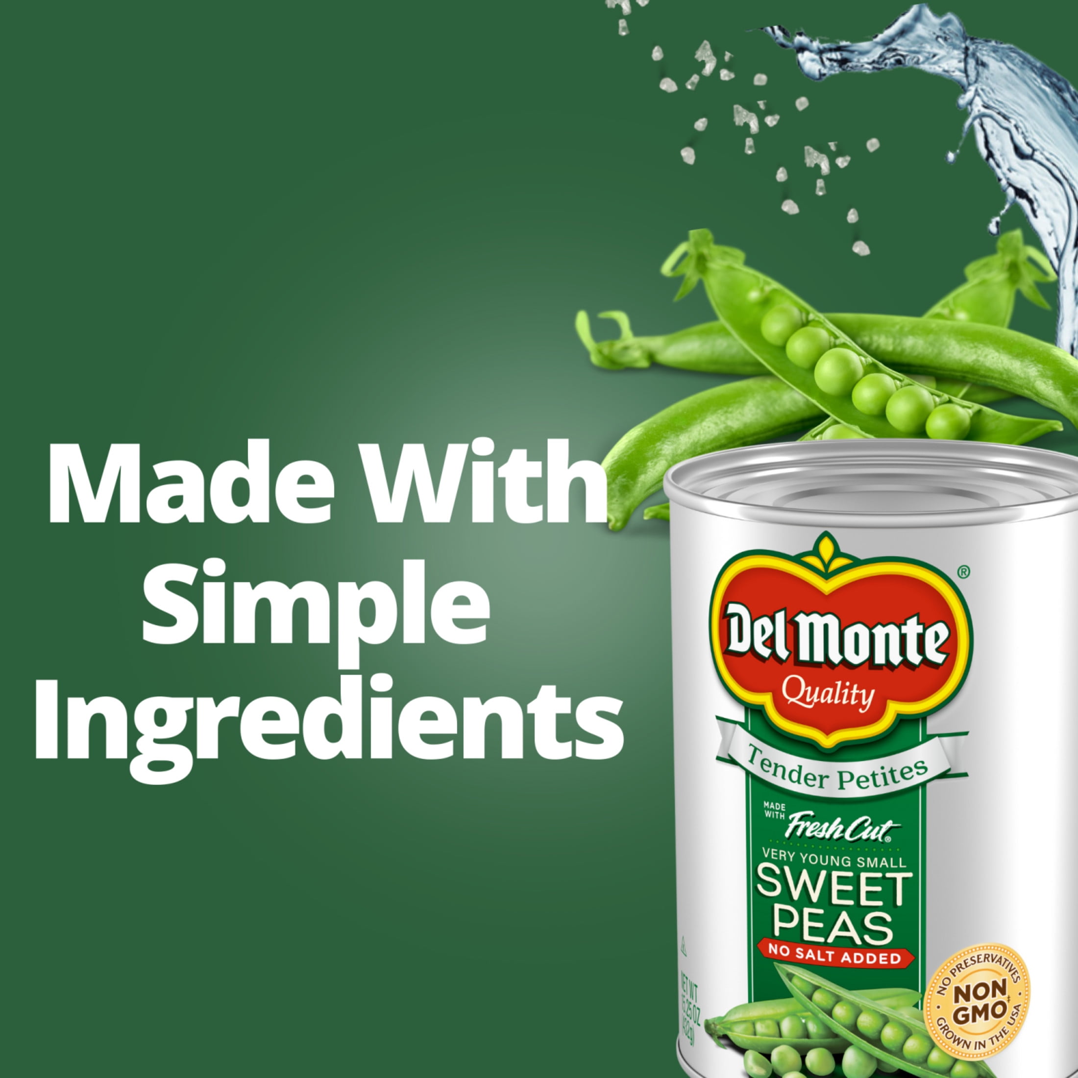 (4 pack) Del Monte Tender Petites Very Young Small Sweet Peas, No Salt Added, 15.25 oz. Can