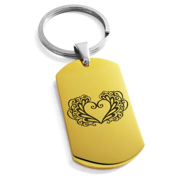 Stainless Steel Floral Filigree Heart Engraved Dog Tag Keychain Keyring