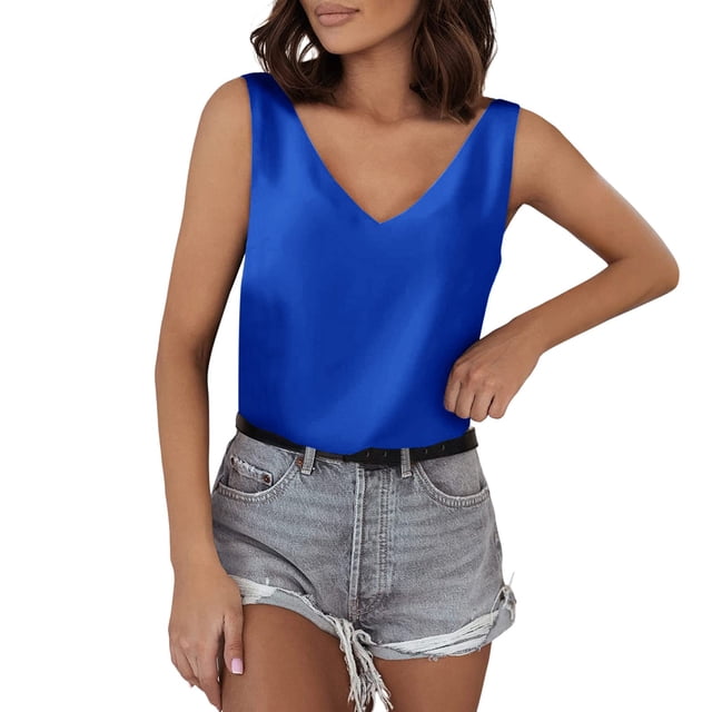 MIASHUI Silk Tank Tops Women Summer V Neck Sleeveless Blouse Basic Camisole,Blue,M