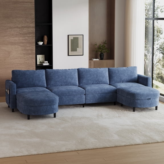 Wiilayok 139.2" U Shaped Sectional Couch with 2 Ottomans, Oversized Chenille Modular Sofa with Storage Ottoman and Side Pockets for Living Room, Blue