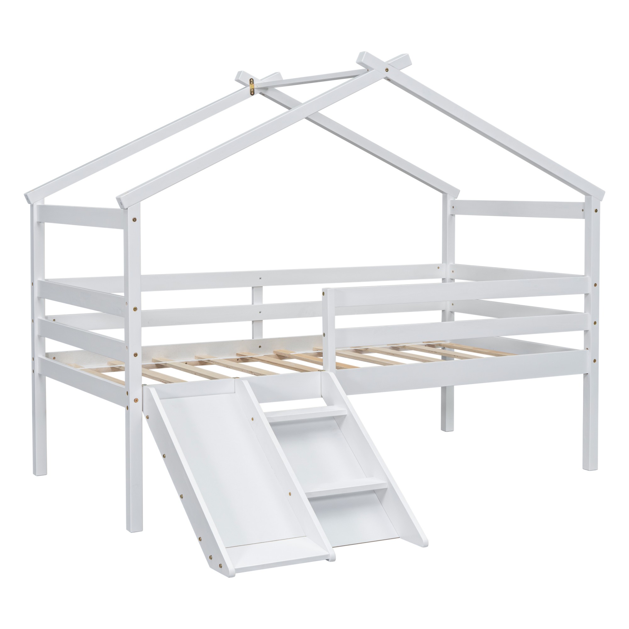 Aukfa Twin Low Loft Bed with Slide for Kids, Wood House Roof Bed Frame for Girls/Boys Bedroom, White