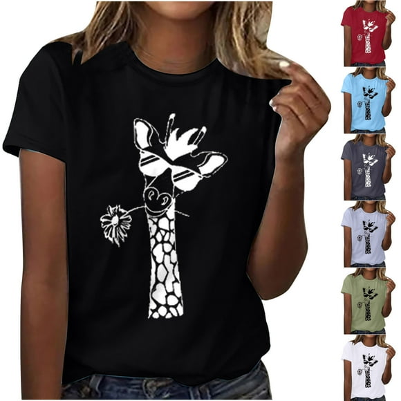 Jsaierl Womens Summer Giraffe Print T-Shirt Funny Crewneck Cute Animal Graphic Tees Casual Short Sleeve Tops Plus Size