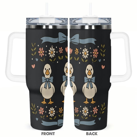 40oz Cute Duck Floral Travel Tumbler with Handle and Straw Lid Blue Bow Insulated Car Coffee Cup Gift for Women