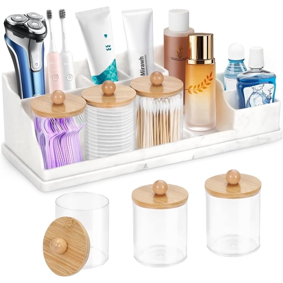 Bathroom Counter Organizer, White Silicone Toothbrush Holder with 3PCS Qtip Holder, for Bathroom Organization Storage Vanity