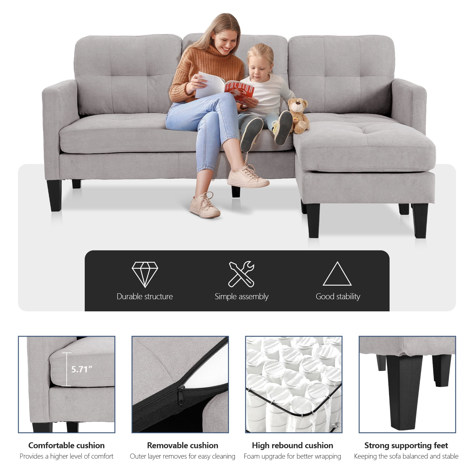 Haverchair Modern Sectional Sofa Couch with Reversible Chaise L-Shaped Couch for Living Room,LIGHT GRAY