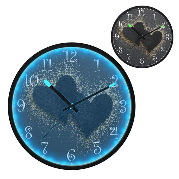 Voice Activated Clock with Glow Light 12 Inch Large Silent Wall Clock Battery Operated for Home Decor Black Hearts with Gold Glitter
