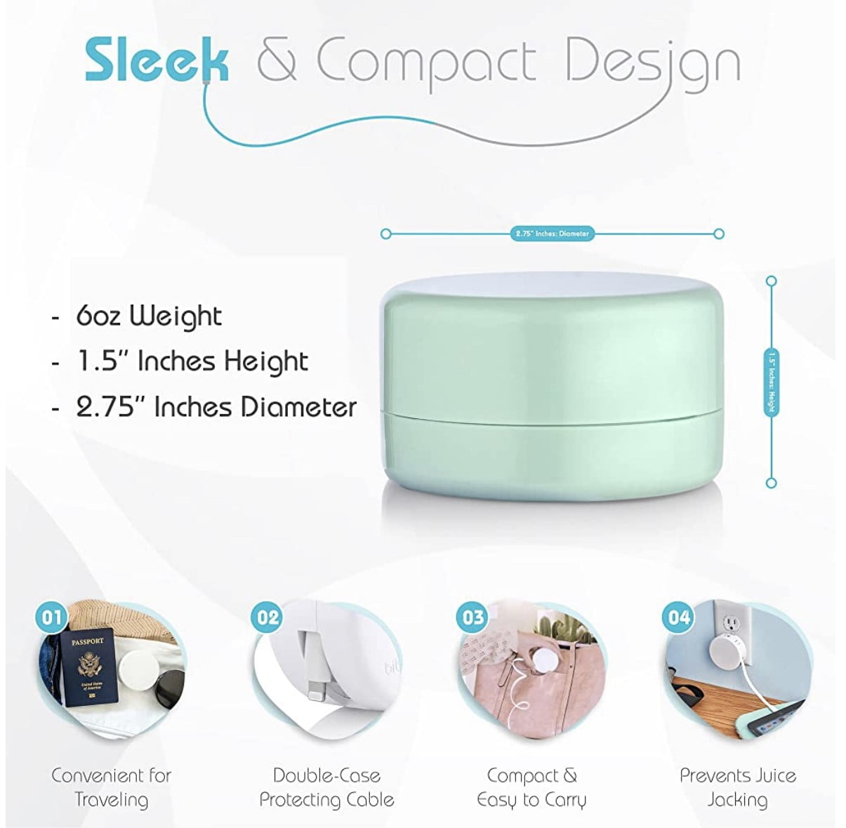 Bibicord 3-in-1 Retractable Lightning Cable, Wall Charger & Power Bank, Compatible with iPhone 14/13/12 (Mint Julep)