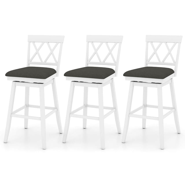 Costway 29" Bar Stool Wooden Chair Set of 3 with Contoured Backrest Swivel Padded Seat White