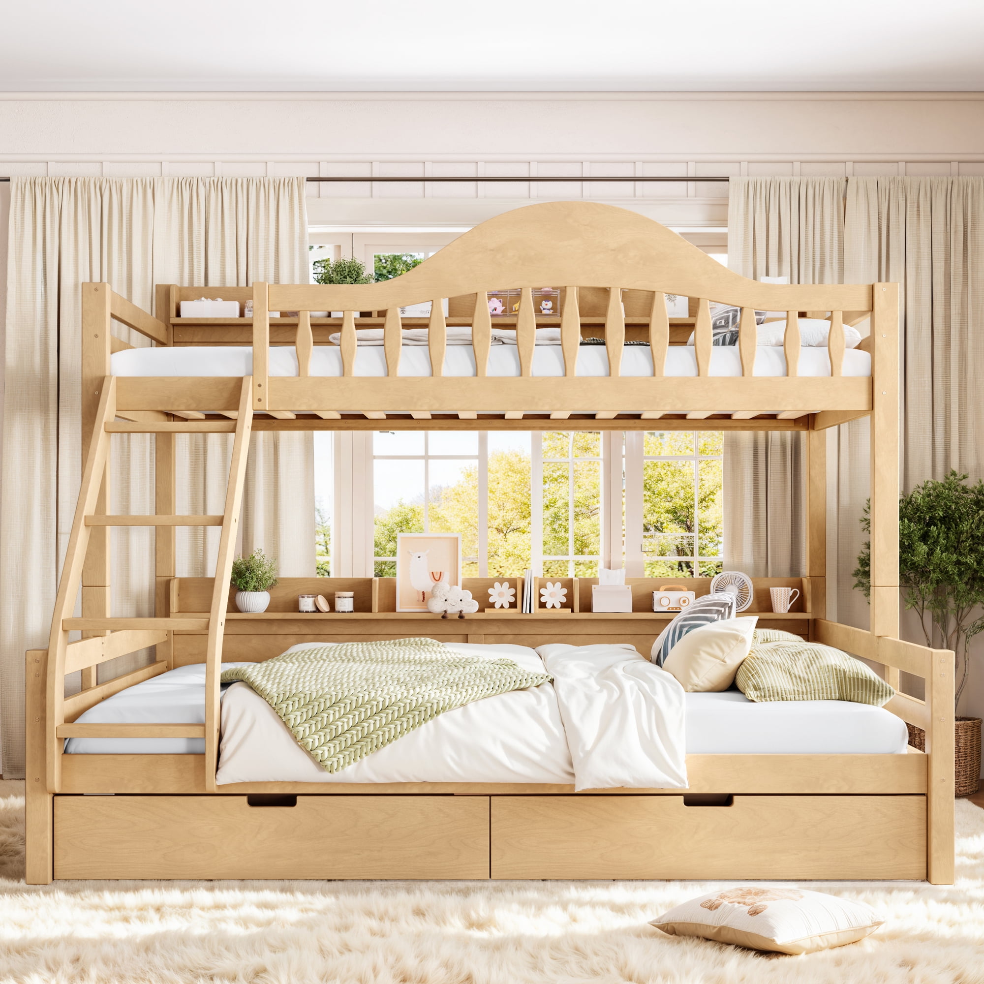 Leumius Twin XL over Queen Bunk Bed with Storage Drawers, Chic Curved Guardrail & Side Storage Shelves, Bunk Bed Frame with Ladder Natural