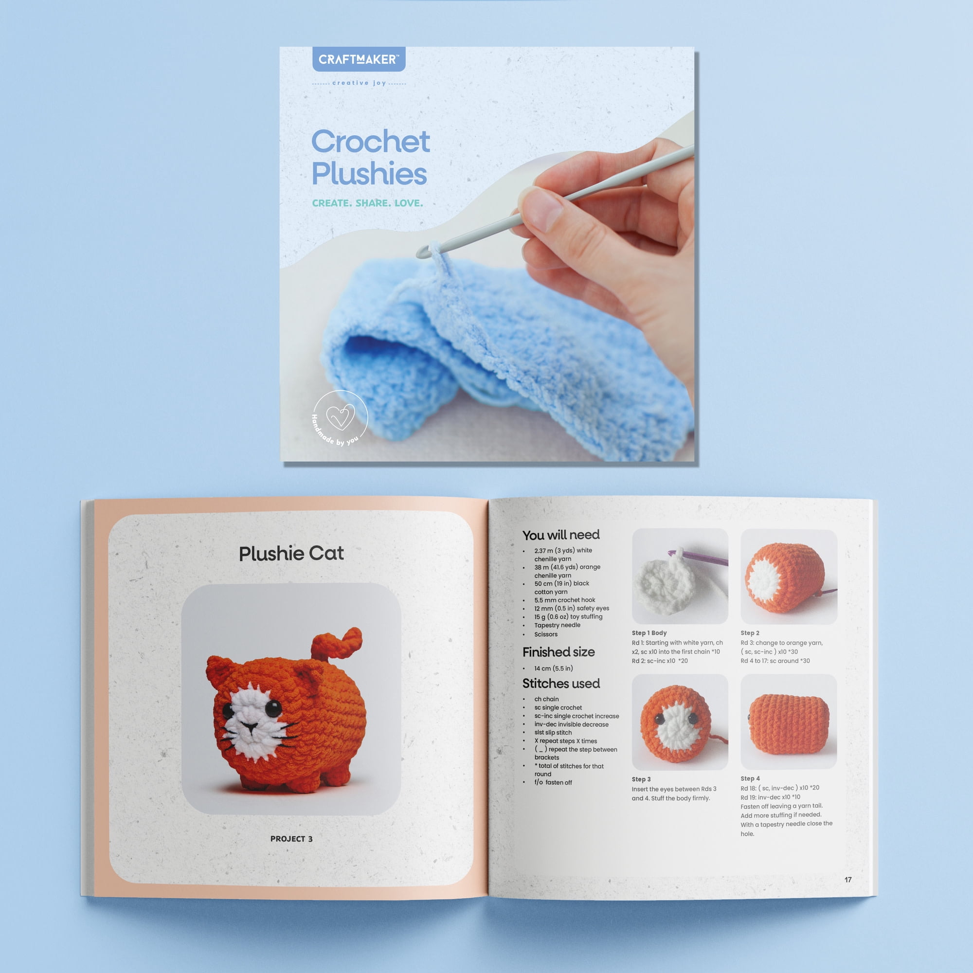 Craft Maker: Too Cute - Crochet Plushies - DIY 3 Plush Animals, Adult Craft Kit, Chenille Yarn, Hook, Stuffing, Safety Eyes, Guide Book, Art Activity